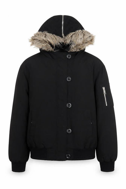 Front view of Marks & Spencer girls’ black faux fur hooded puffer jacket 12-13 years