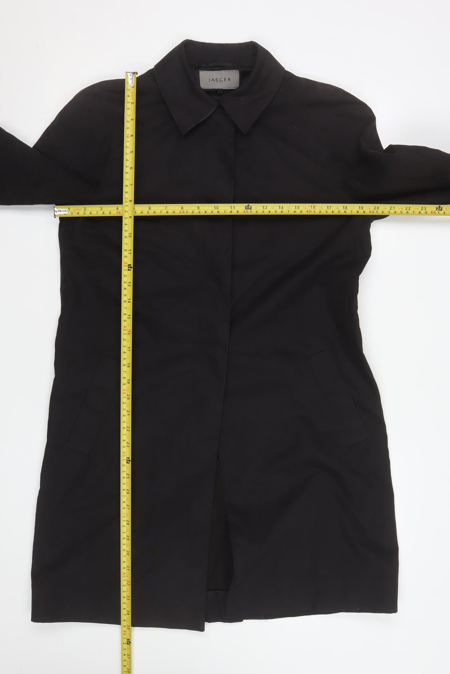 Jaeger Women Black Mid-Length Coat UK 12 Cotton Blend Classic Style