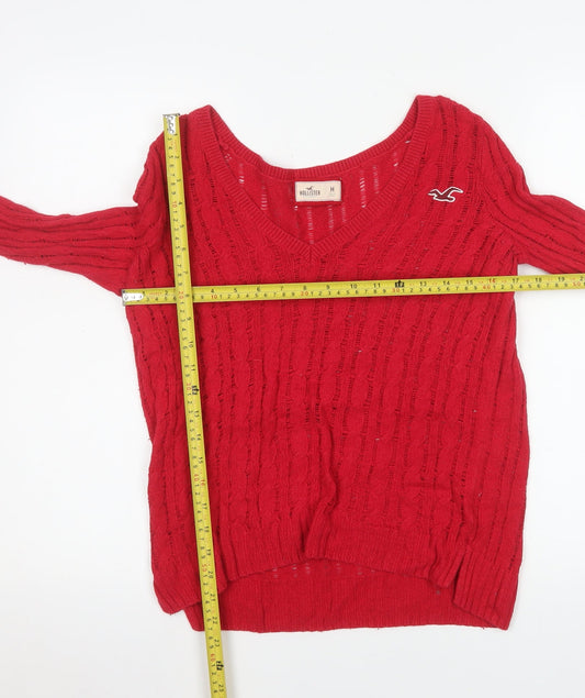Hollister Women Red V-Neck Open-Knit Long Sleeve Jumper Size M
