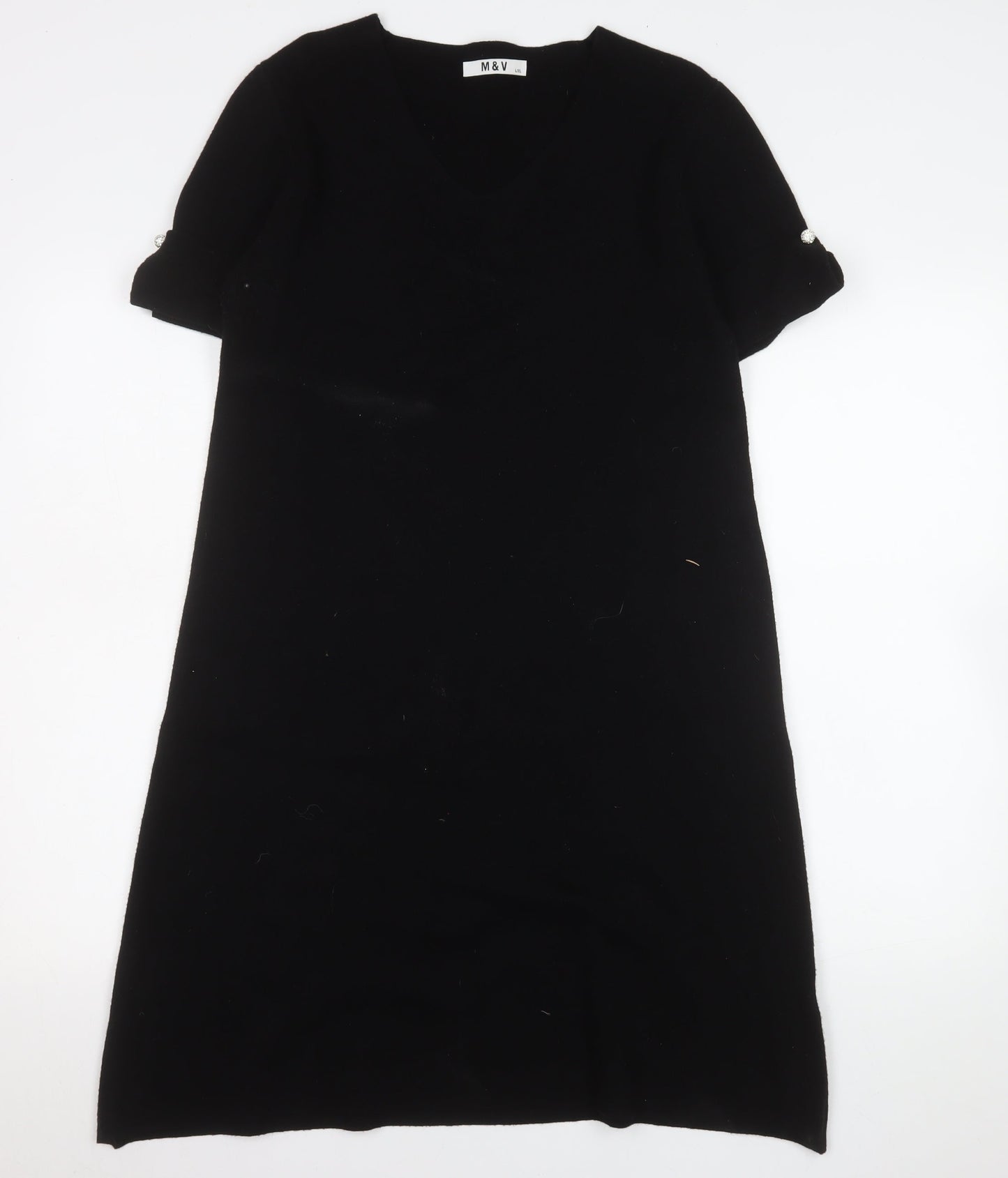 M&V Women Black L Knit Shift Dress V-Neck Short Sleeve