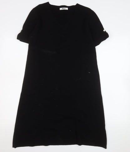 M&V Women Black L Knit Shift Dress V-Neck Short Sleeve