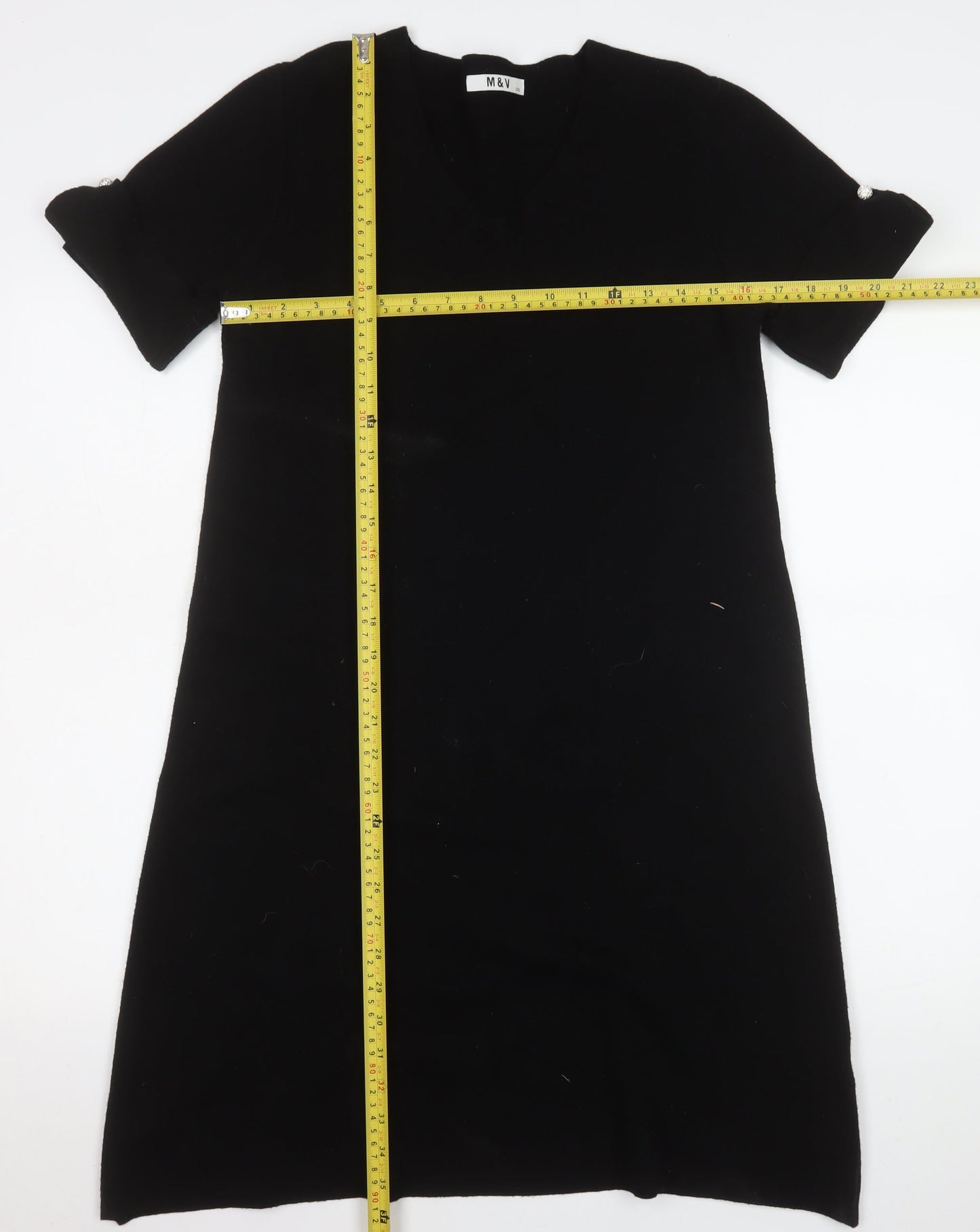 M&V Women Black L Knit Shift Dress V-Neck Short Sleeve