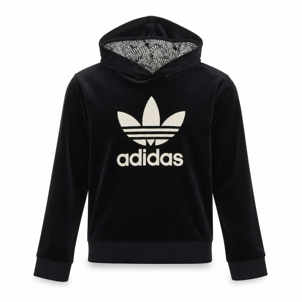 Front view of Adidas girls’ black velvet pullover hoodie 13-14 years logo hooded sweatshirt