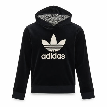 Front view of Adidas girls’ black velvet pullover hoodie 13-14 years logo hooded sweatshirt