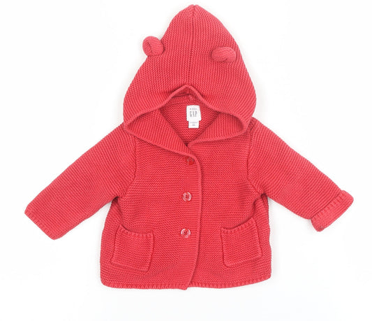 Baby GAP Red Hooded Knit Cardigan 3-6 Months Unisex Cotton Jumper with Ears