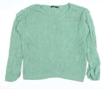 Very Women Green Ribbed V-Neck Pullover Jumper Size 16