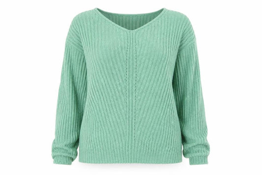 Very Women Green Ribbed V-Neck Pullover Jumper Size 16