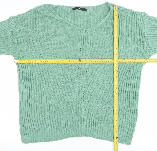 Very Women Green Ribbed V-Neck Pullover Jumper Size 16