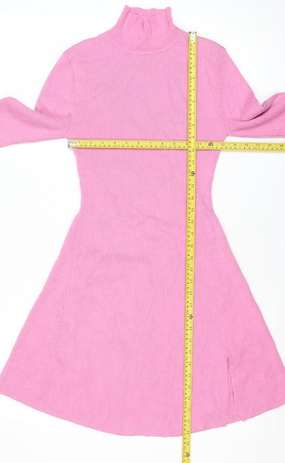 Zara Women Pink A-Line Knit High Neck Long Sleeve Dress Size 14