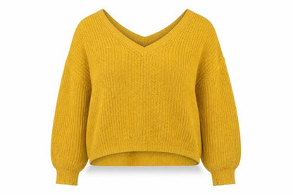 ZARA Women Yellow Chunky-Knit Wool Blend V-Neck Jumper Size S