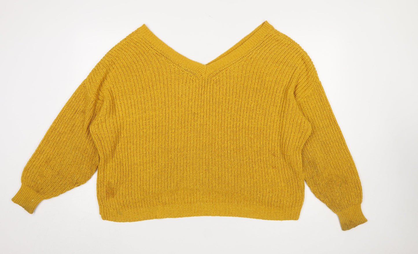 ZARA Women Yellow Chunky-Knit Wool Blend V-Neck Jumper Size S
