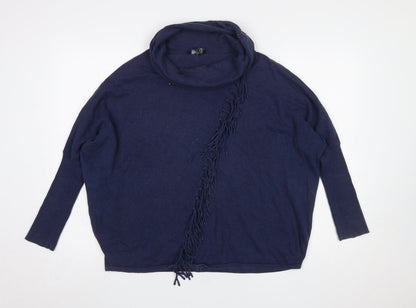 Marble Women Blue Cotton Cowl Neck Fringe Pullover Jumper Size 14