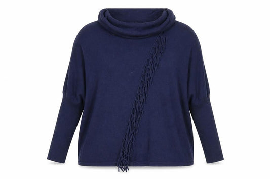 Marble Women Blue Cotton Cowl Neck Fringe Pullover Jumper Size 14