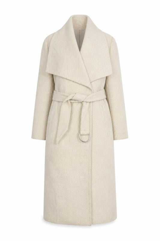 MNG Womens Beige Wool Blend Long Belted Overcoat Size 12