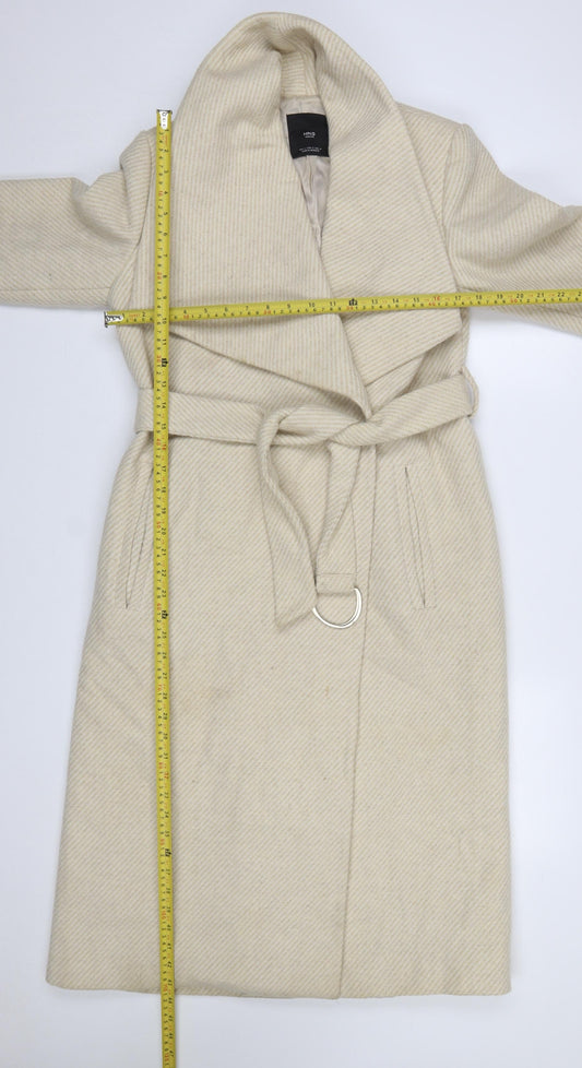 MNG Womens Beige Wool Blend Long Belted Overcoat Size 12