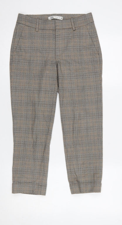 Zara Women Brown Check Cropped Slim Fit Trousers Size 6