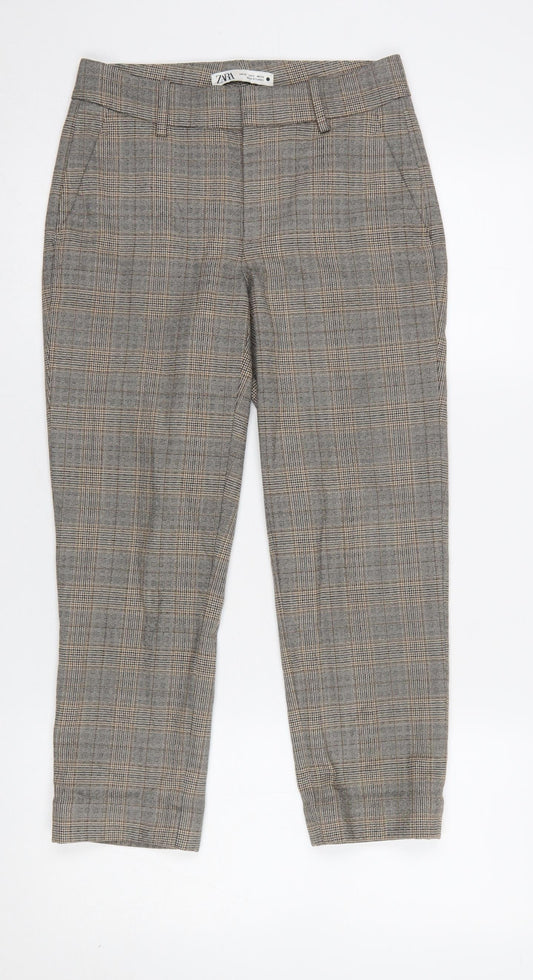 Zara Women Brown Check Cropped Slim Fit Trousers Size 6