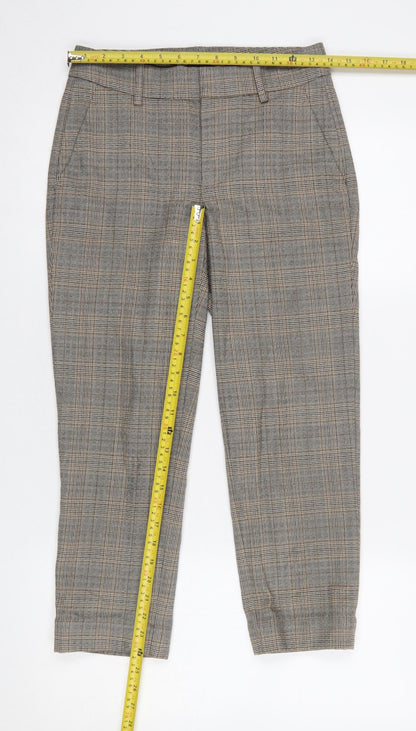 Zara Women Brown Check Cropped Slim Fit Trousers Size 6