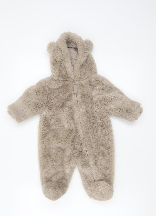Marks and Spencer Unisex Beige Faux Fur Hooded Snowsuit 0-3 Months