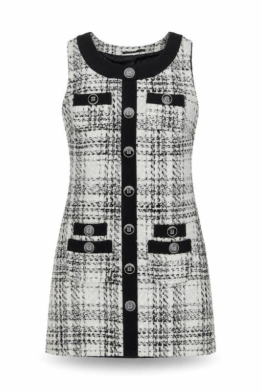 Front view of Atmosphere Women Black White Tweed Check Sleeveless Shift Dress, size 10