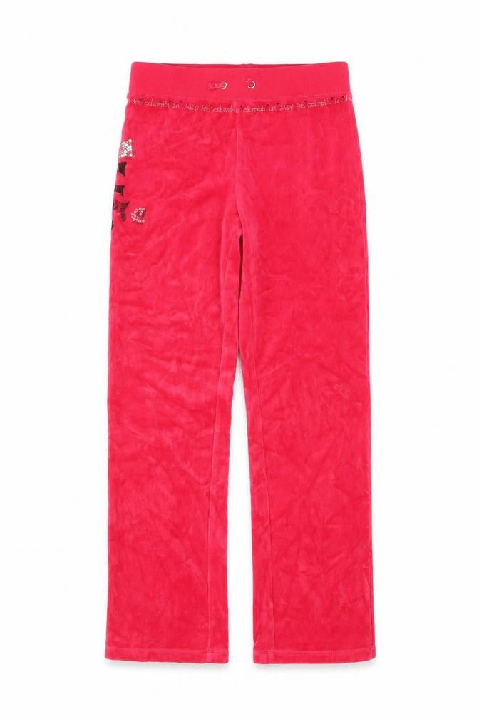 Front view of Juicy Couture girls’ red velour sweatpants age 8 years elastic waist
