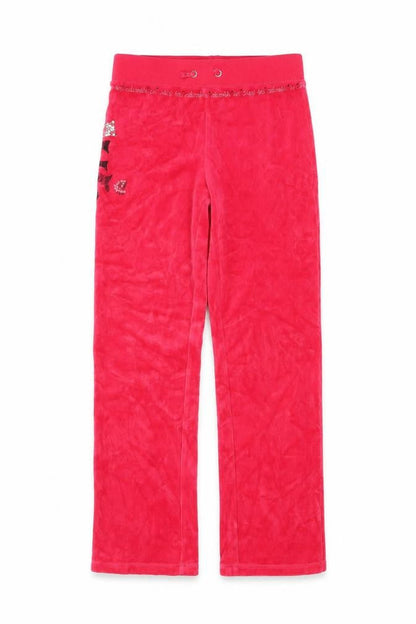 Front view of Juicy Couture girls’ red velour sweatpants age 8 years elastic waist