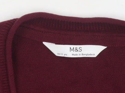 Marks and Spencer Boys Burgundy Cotton Cardigan 10-11 Years Button Up Classic Knit
