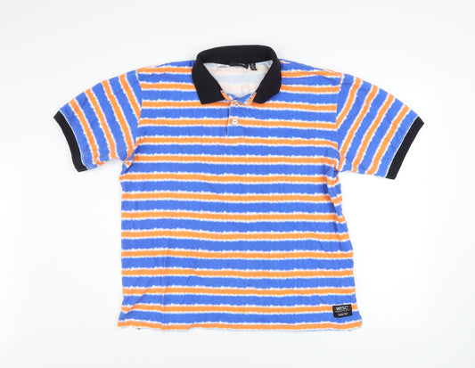 WESC Men's Blue Orange Striped Collared Polo Shirt XL Cotton