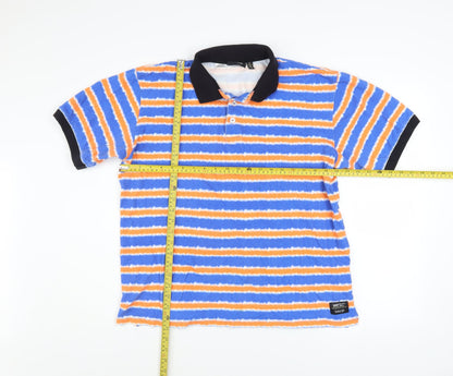 WESC Men's Blue Orange Striped Collared Polo Shirt XL Cotton