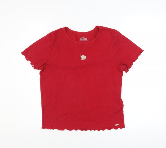Hollister Women's Red Slim Fit Embroidered Flower T-Shirt Size S