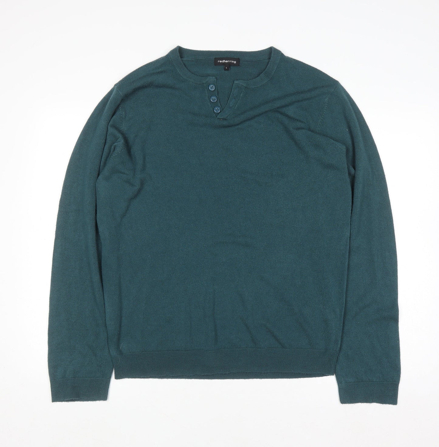 Mens UK Size L Red Herring Green Henley Jumper