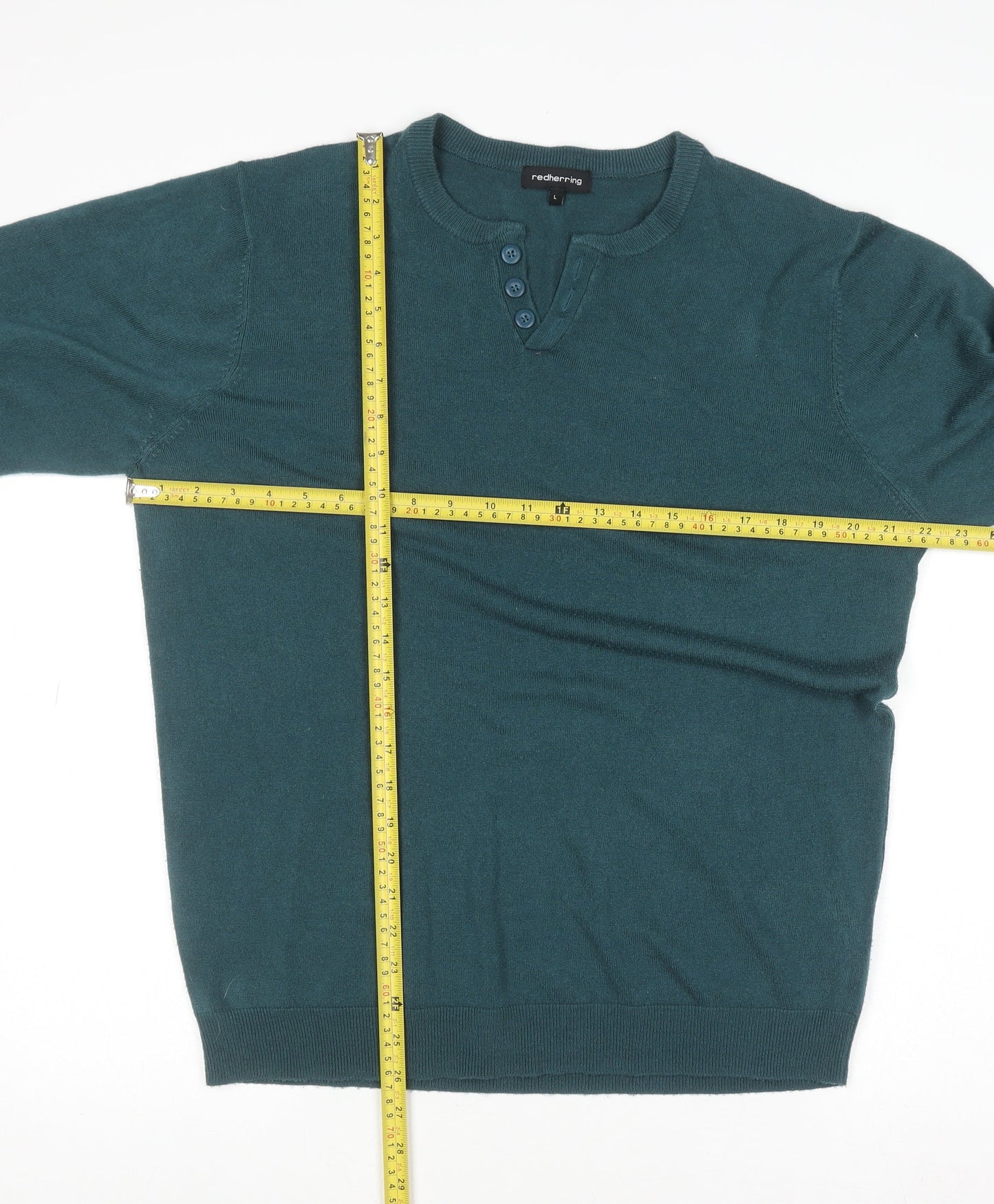 Mens UK Size L Red Herring Green Henley Jumper