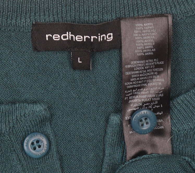 Mens UK Size L Red Herring Green Henley Jumper