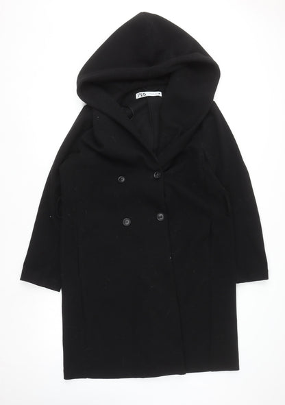 Zara Women Black Wool Blend Hooded Long Coat Size 12