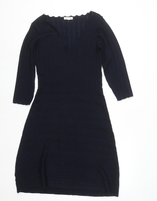Monsoon Women Black Wool Knit Bodycon Dress Size S V-Neck 3/4 Sleeve