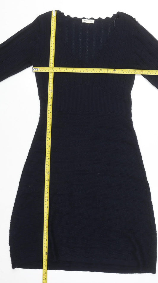 Monsoon Women Black Wool Knit Bodycon Dress Size S V-Neck 3/4 Sleeve