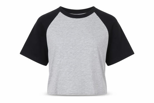 Front view of ASOS DESIGN Women’s Grey Black Cropped Raglan T-Shirt UK 10
