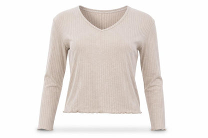 Primark Womens Beige Ribbed V-Neck Long Sleeve Pyjama Top 2XS