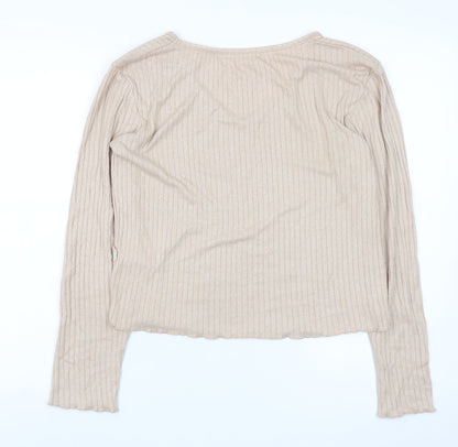 Primark Womens Beige Ribbed V-Neck Long Sleeve Pyjama Top 2XS