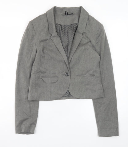 H&M Women Grey Cropped Blazer Jacket Size 10 Lined Single-Breasted