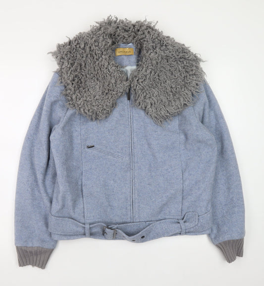 Marks and Spencer Women Blue Wool Belted Biker Jacket Size 16