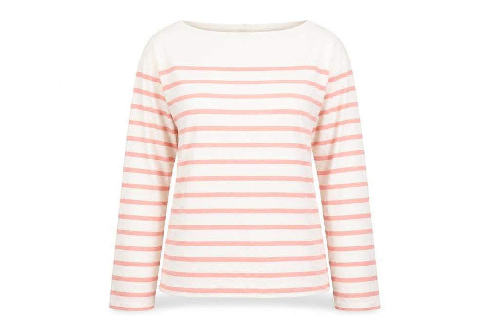 Front view of Jaeger Women Pink Striped Long Sleeve Boat Neck Cotton Top M