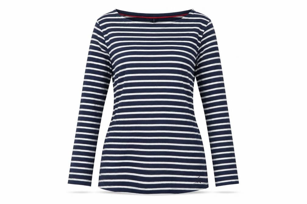 Front view of Crew Clothing Women's Navy White Striped Long Sleeve Top, size 10