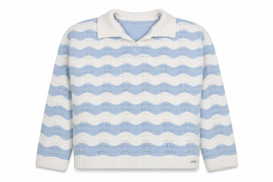 Front view of Lee Cooper women’s blue white collared knit jumper, size L, cotton pullover