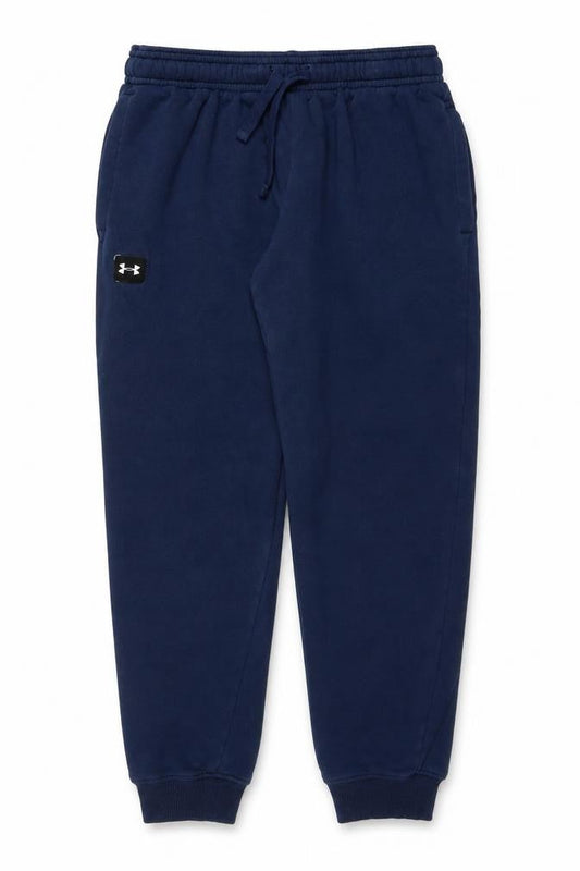 Front view of Under Armour boys’ blue jogger sweatpants m relaxed fit fleece activewear