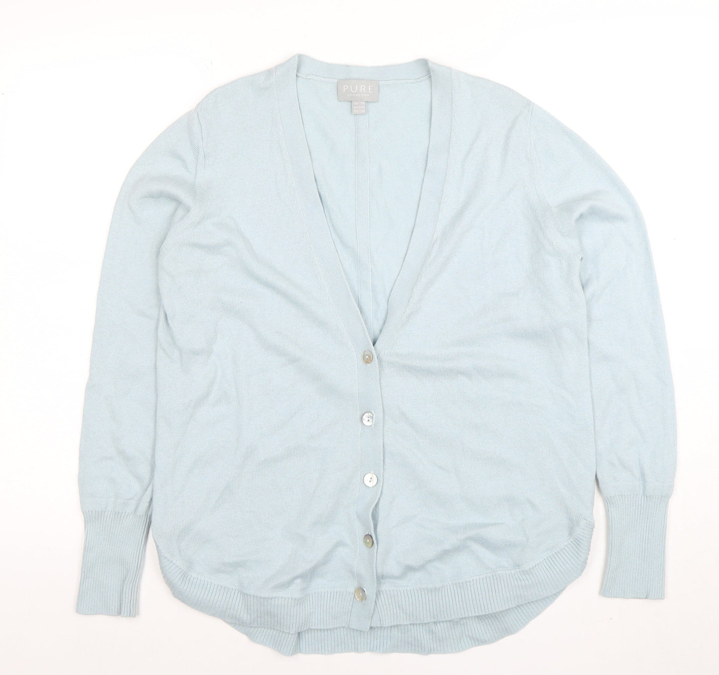 Pure Collection Women Blue Wool Cotton V-Neck Cardigan UK 14