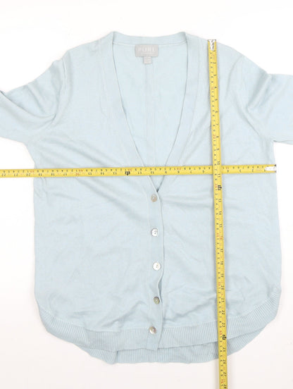 Pure Collection Women Blue Wool Cotton V-Neck Cardigan UK 14
