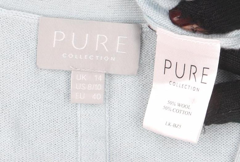Pure Collection Women Blue Wool Cotton V-Neck Cardigan UK 14