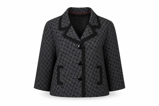 Country Casuals Women Grey Black Geometric Pattern Blazer Size 16 Lined Jacket