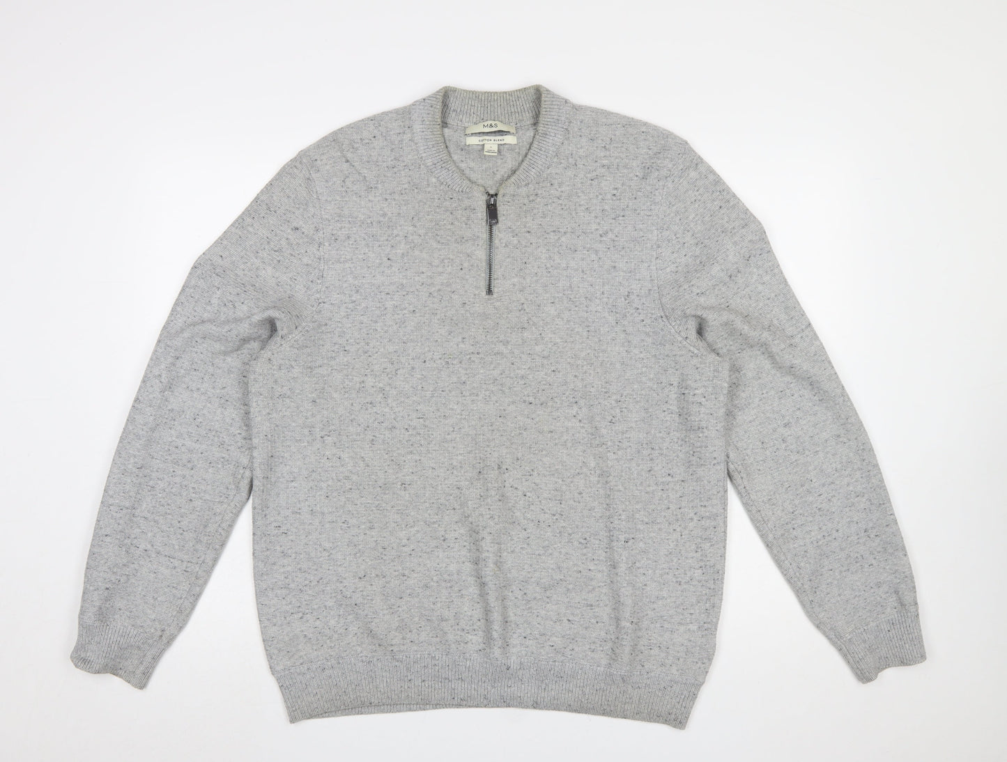 Marks and Spencer Men's Grey L 1/2 Zip Cotton Blend Jumper